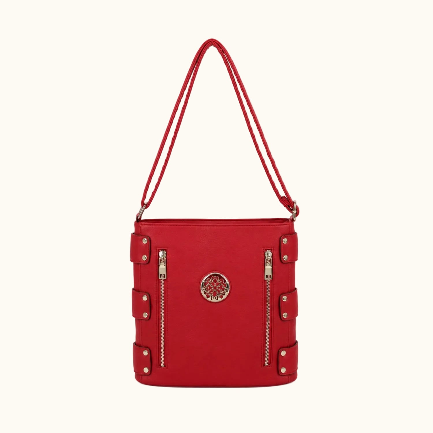 Red handbag with gold accents on a white background