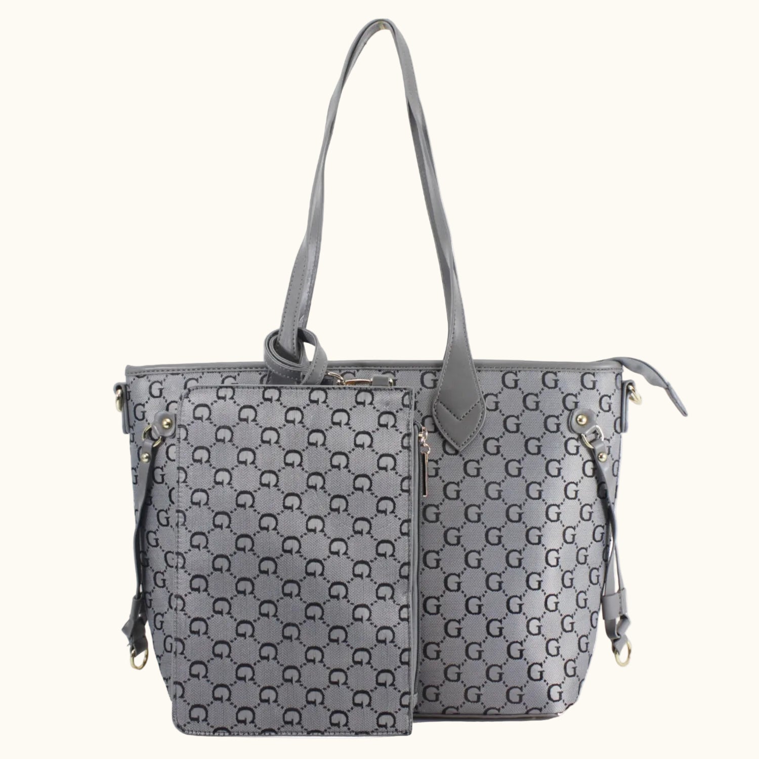 Gray handbag with a pattern on a white background