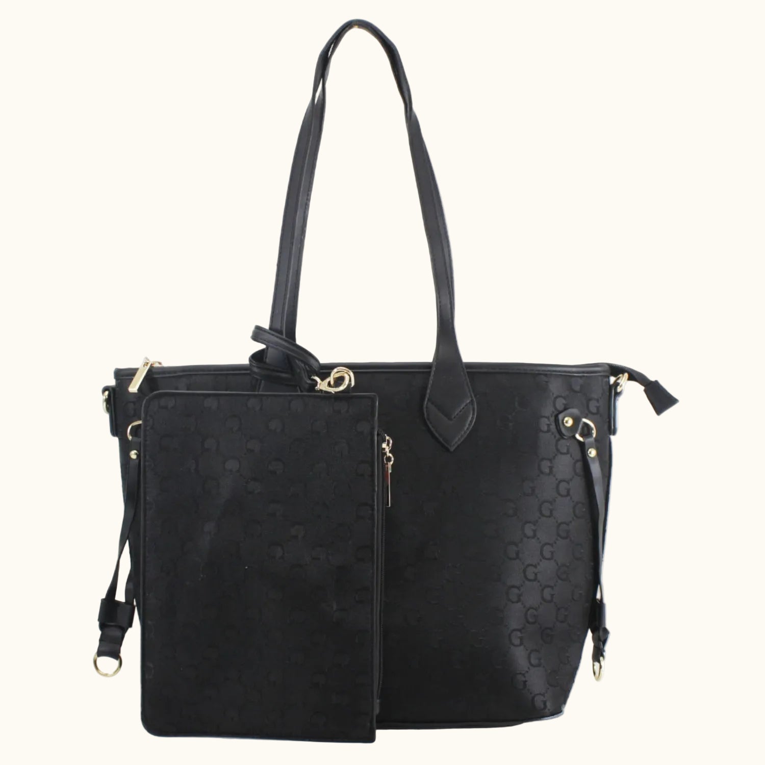 Black handbag with gold accents on a white background