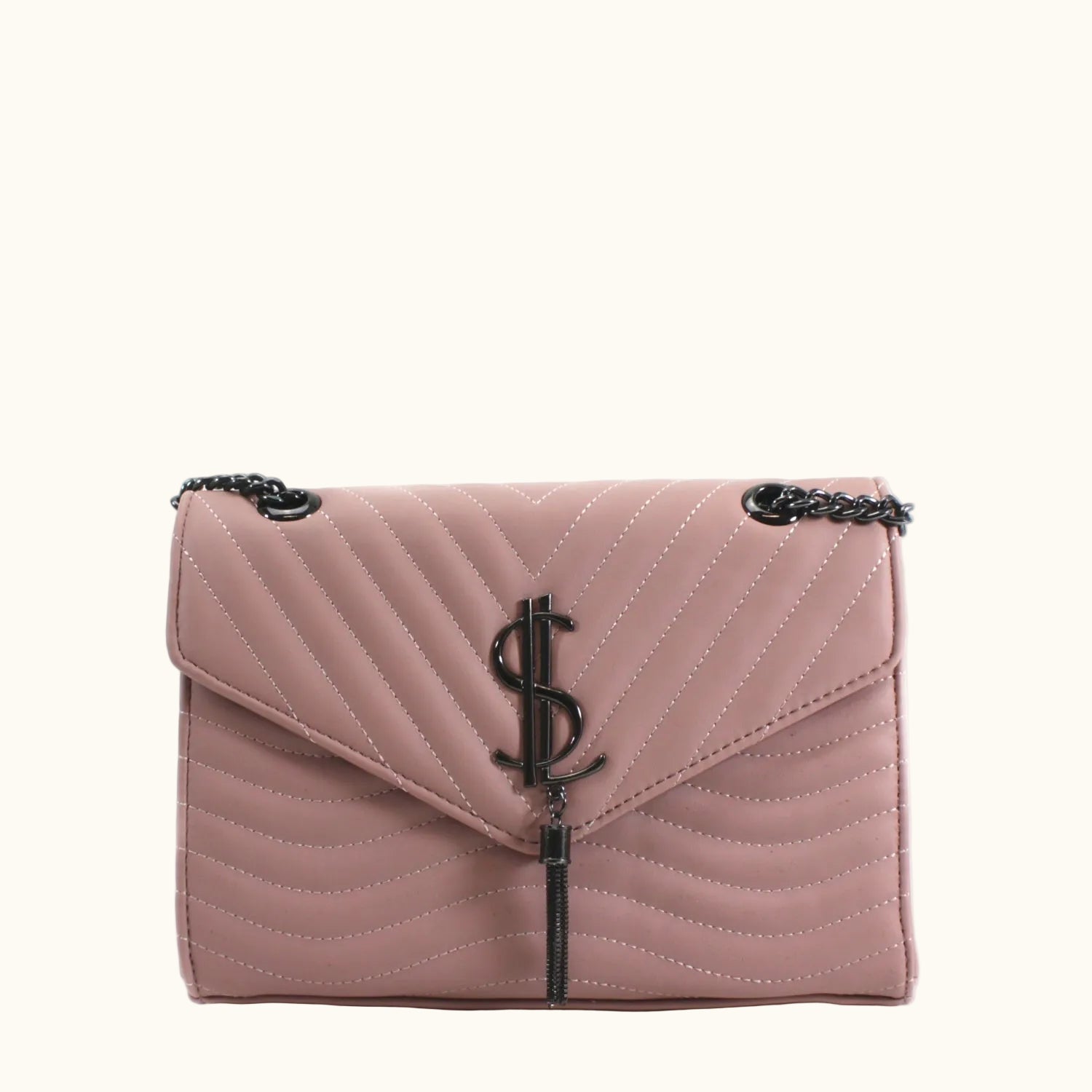 Pink quilted handbag with a brand logo on a white background