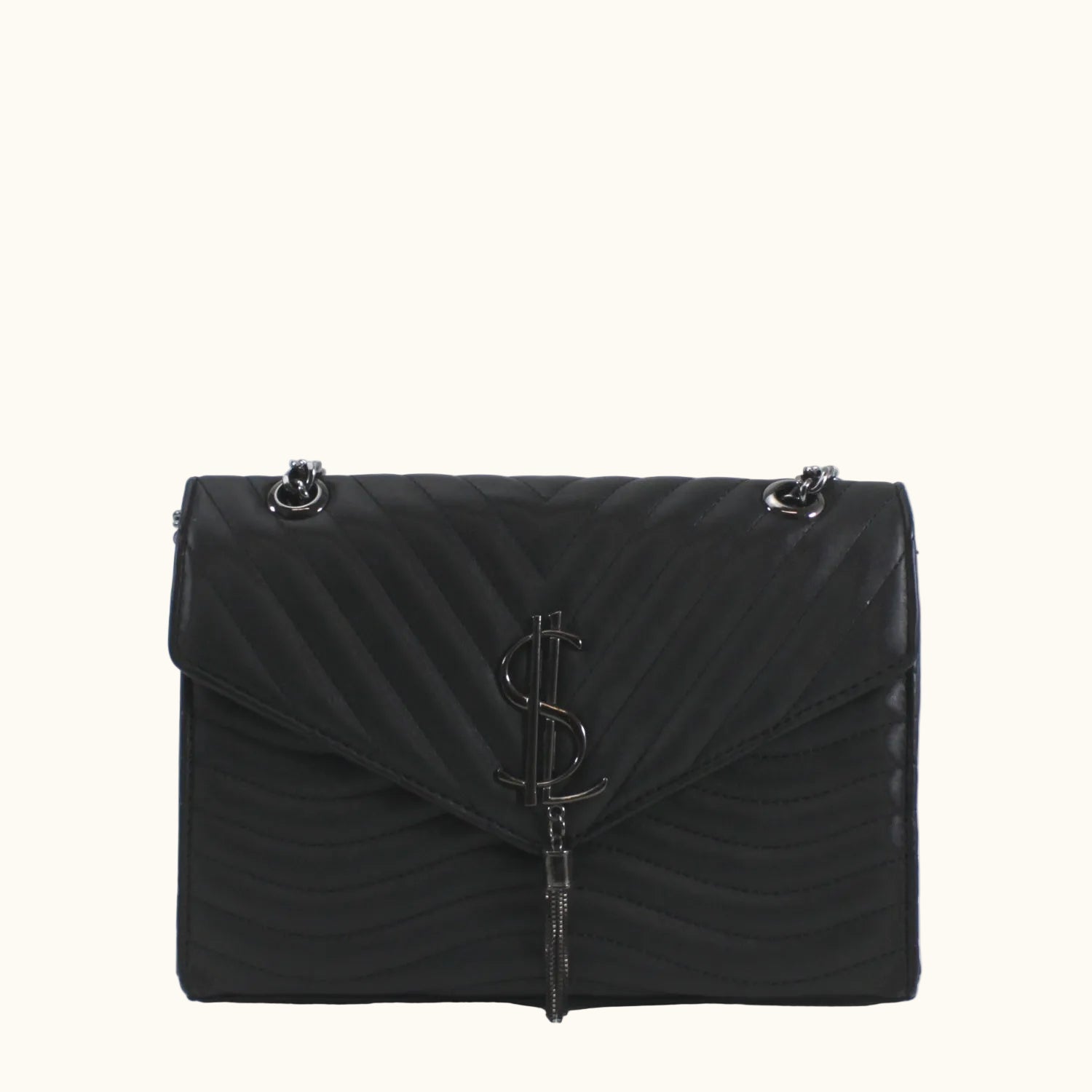 Black handbag with a prominent brand logo on a white background