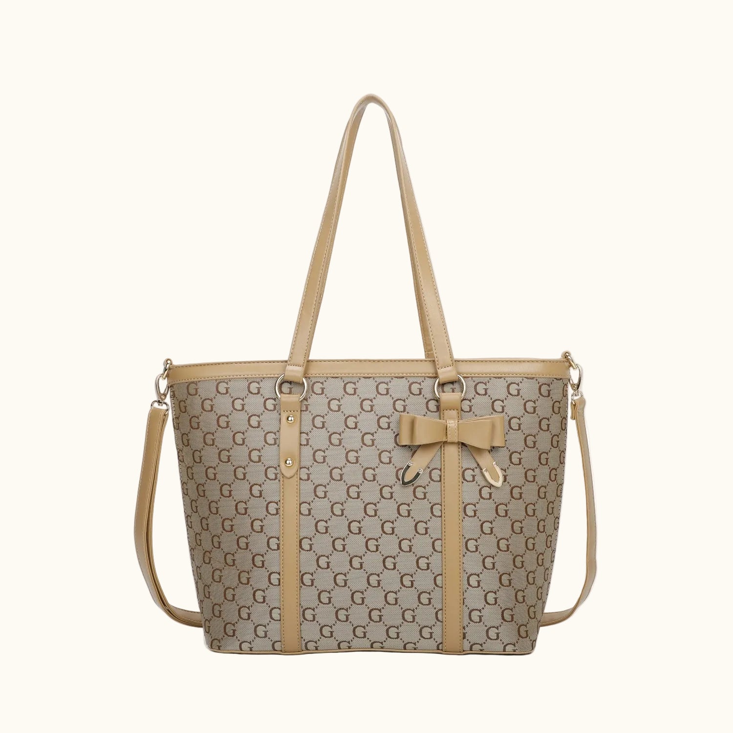 Beige handbag with a bow detail on a white background