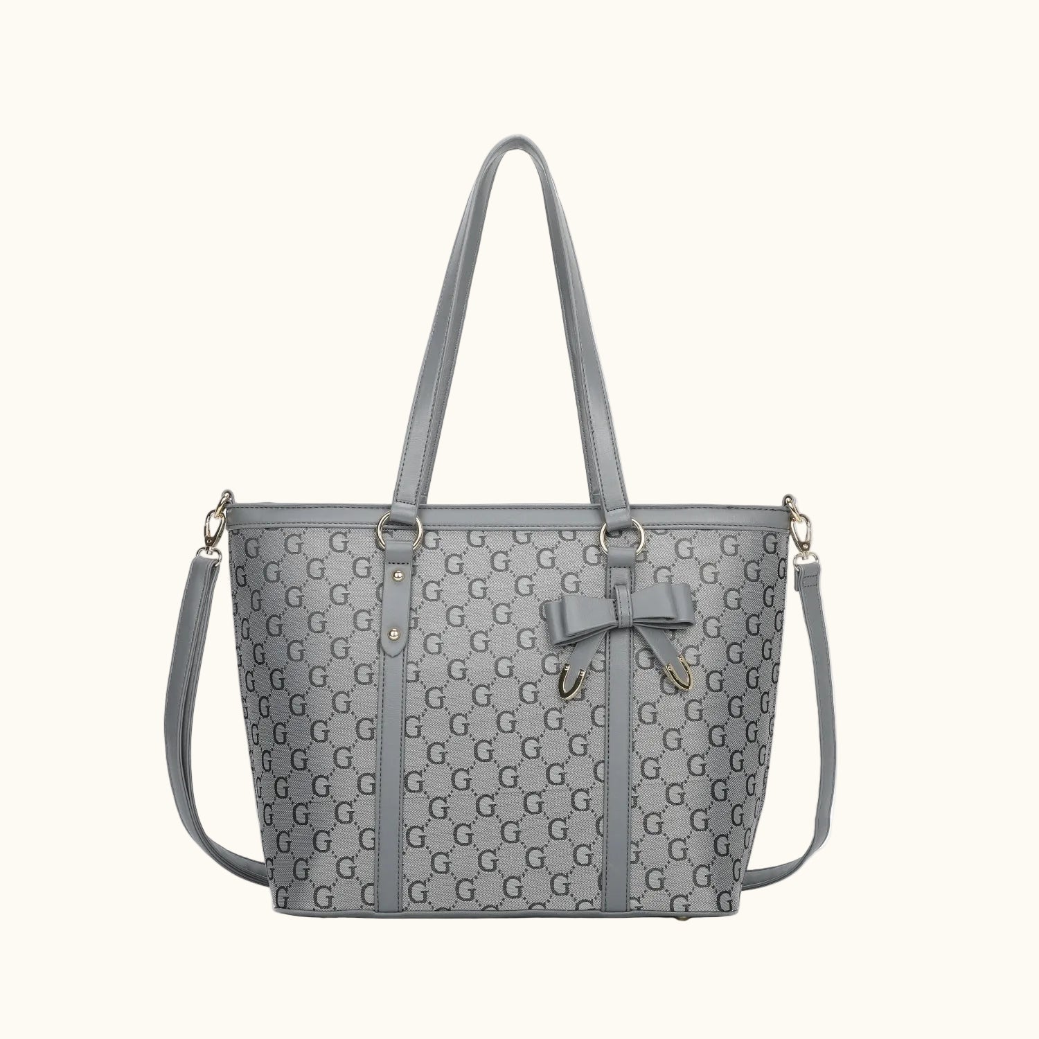 Gray handbag with a pattern on a white background
