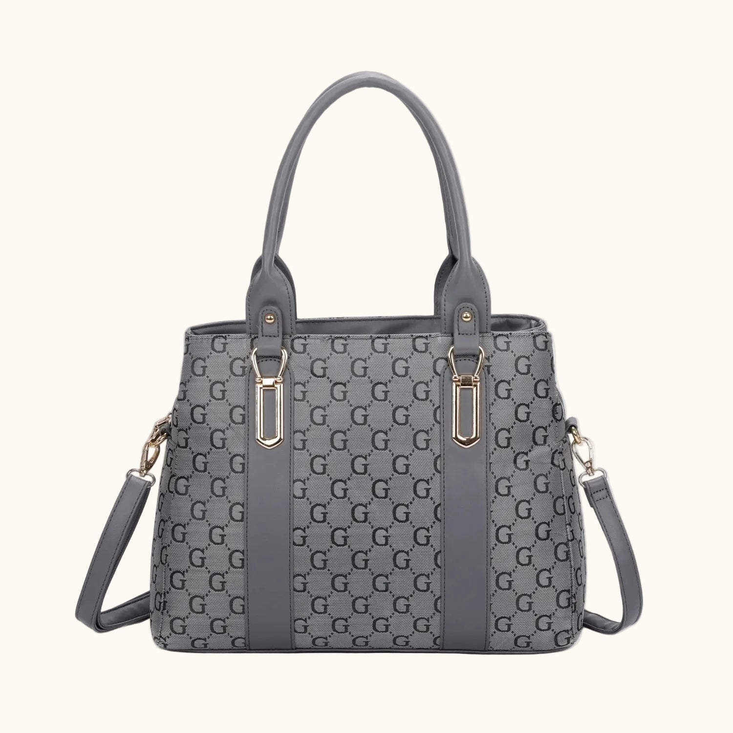 Gray handbag with a pattern on a white background