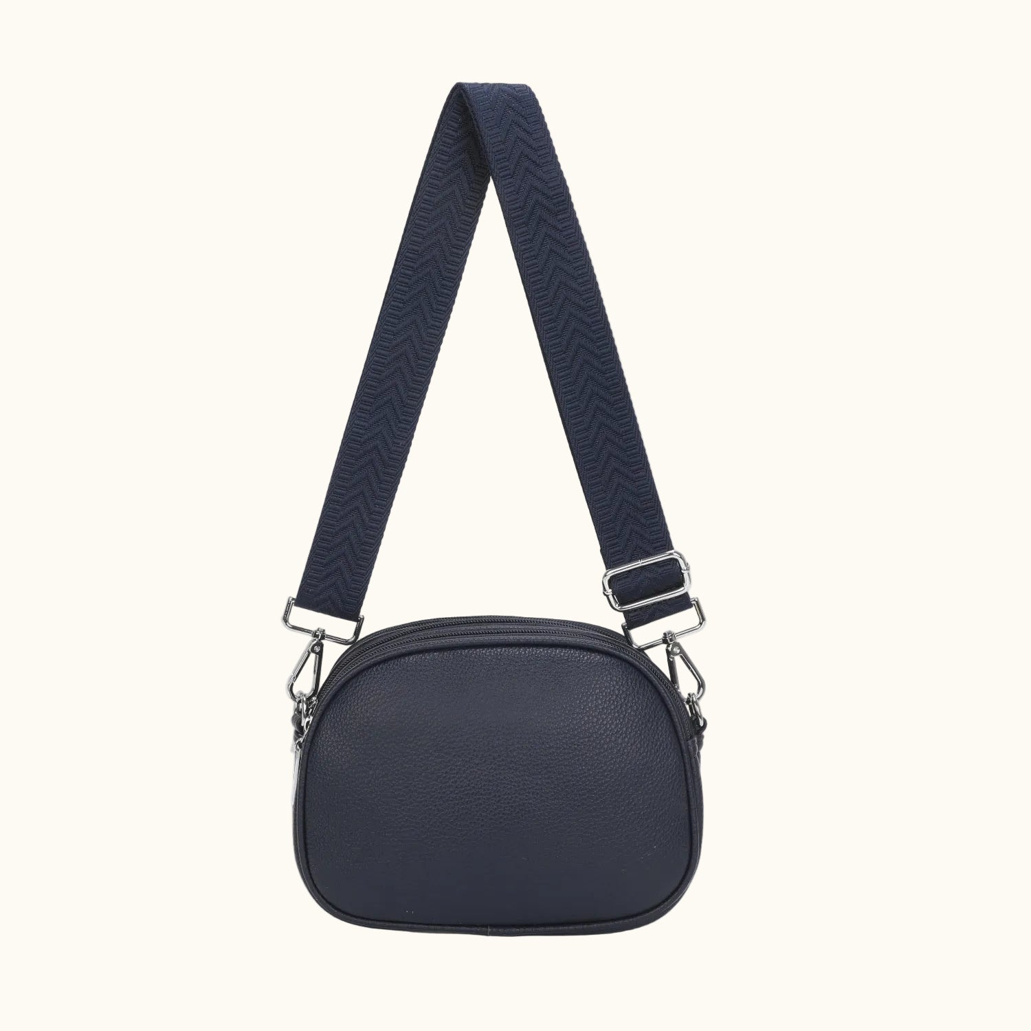 Black crossbody bag with a strap on a white background