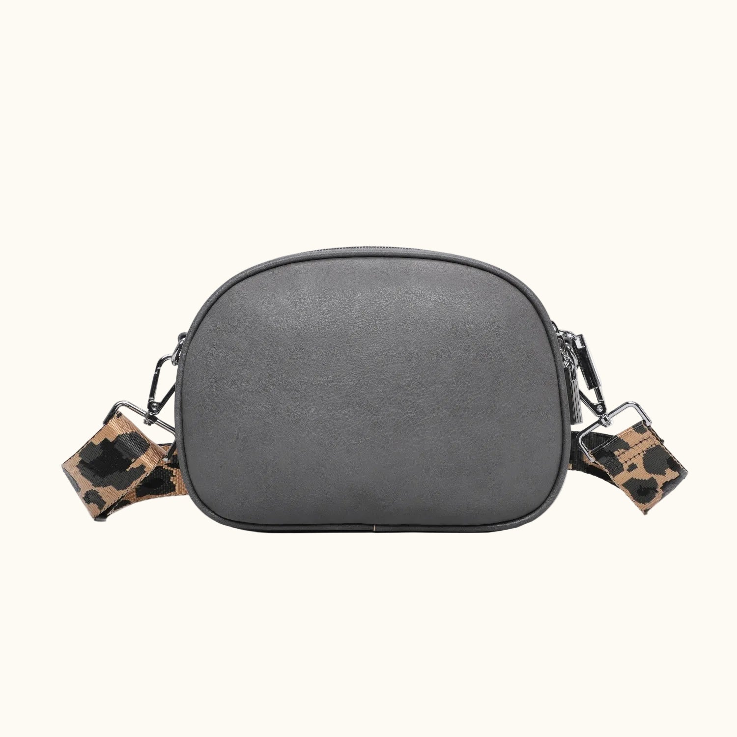 Gray pouch with leopard print straps on a white background
