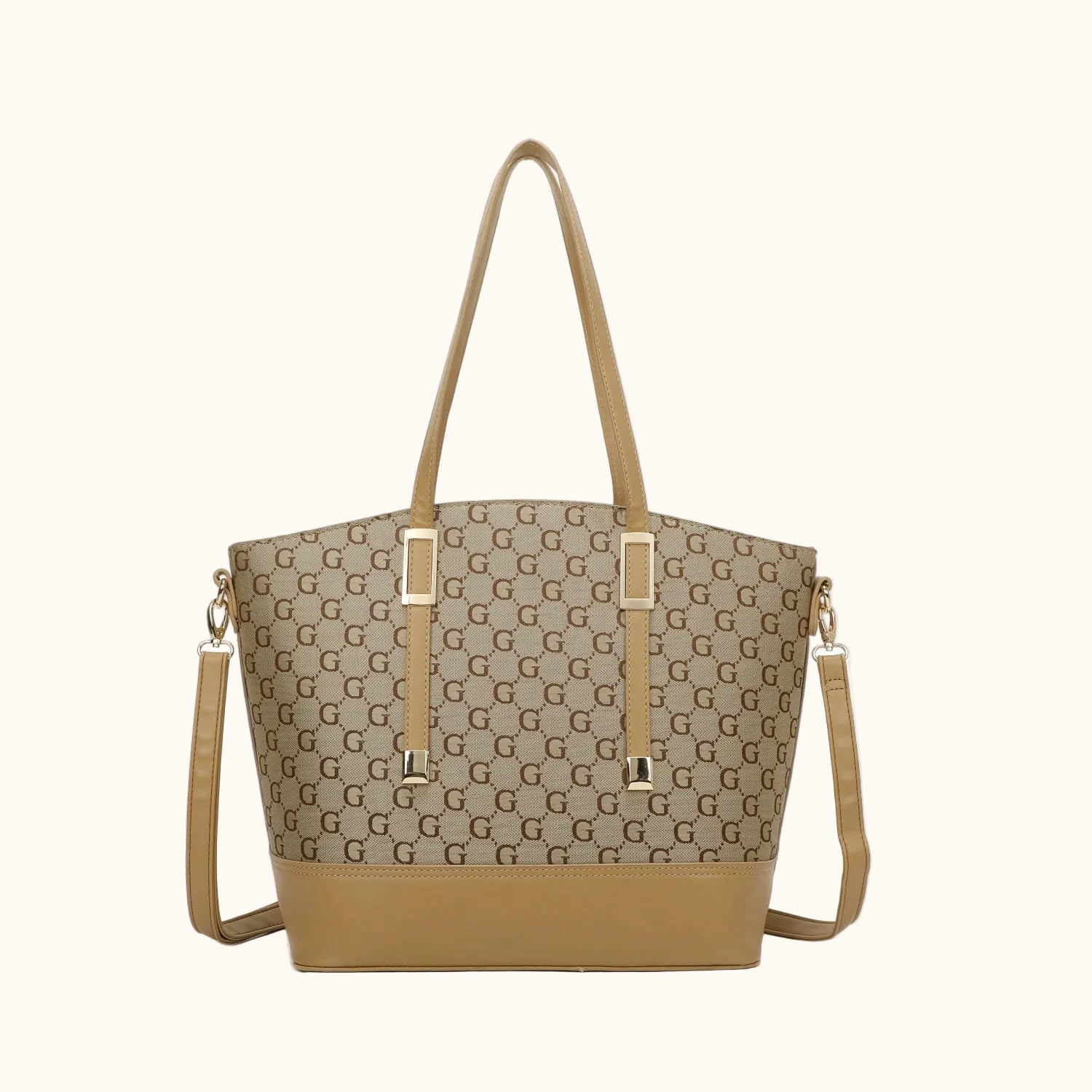 Beige handbag with a pattern on a white background