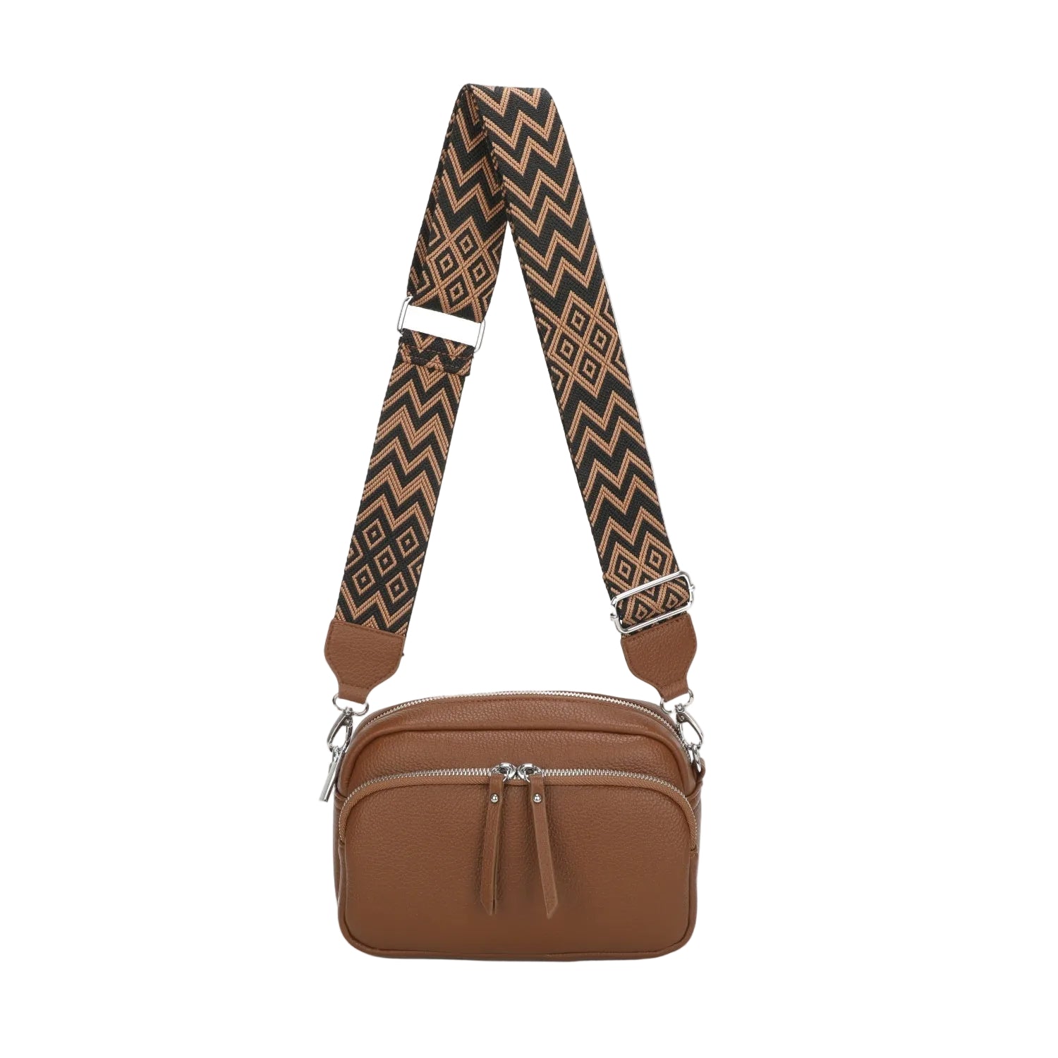Brown leather bag with a patterned strap on a white background