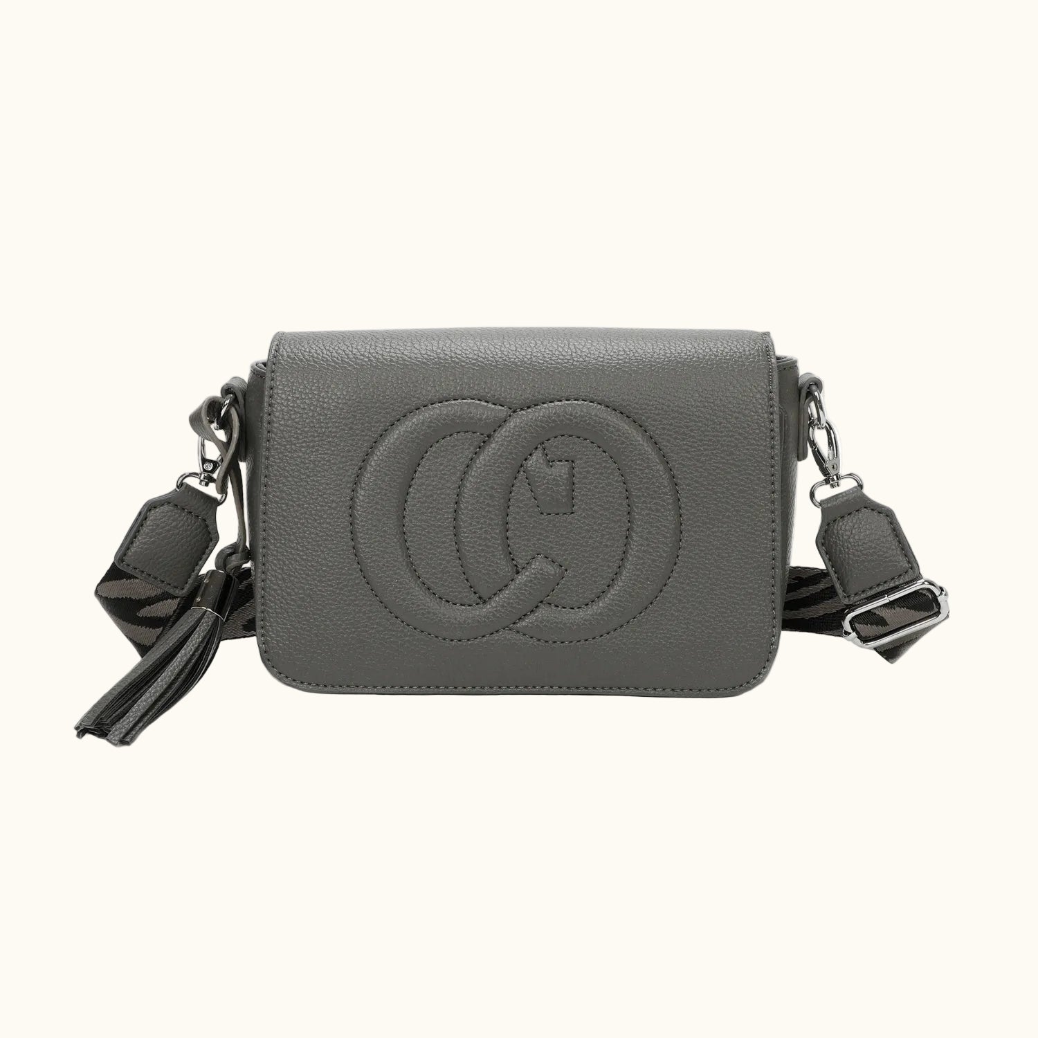 Gray handbag with a brand logo on a white background