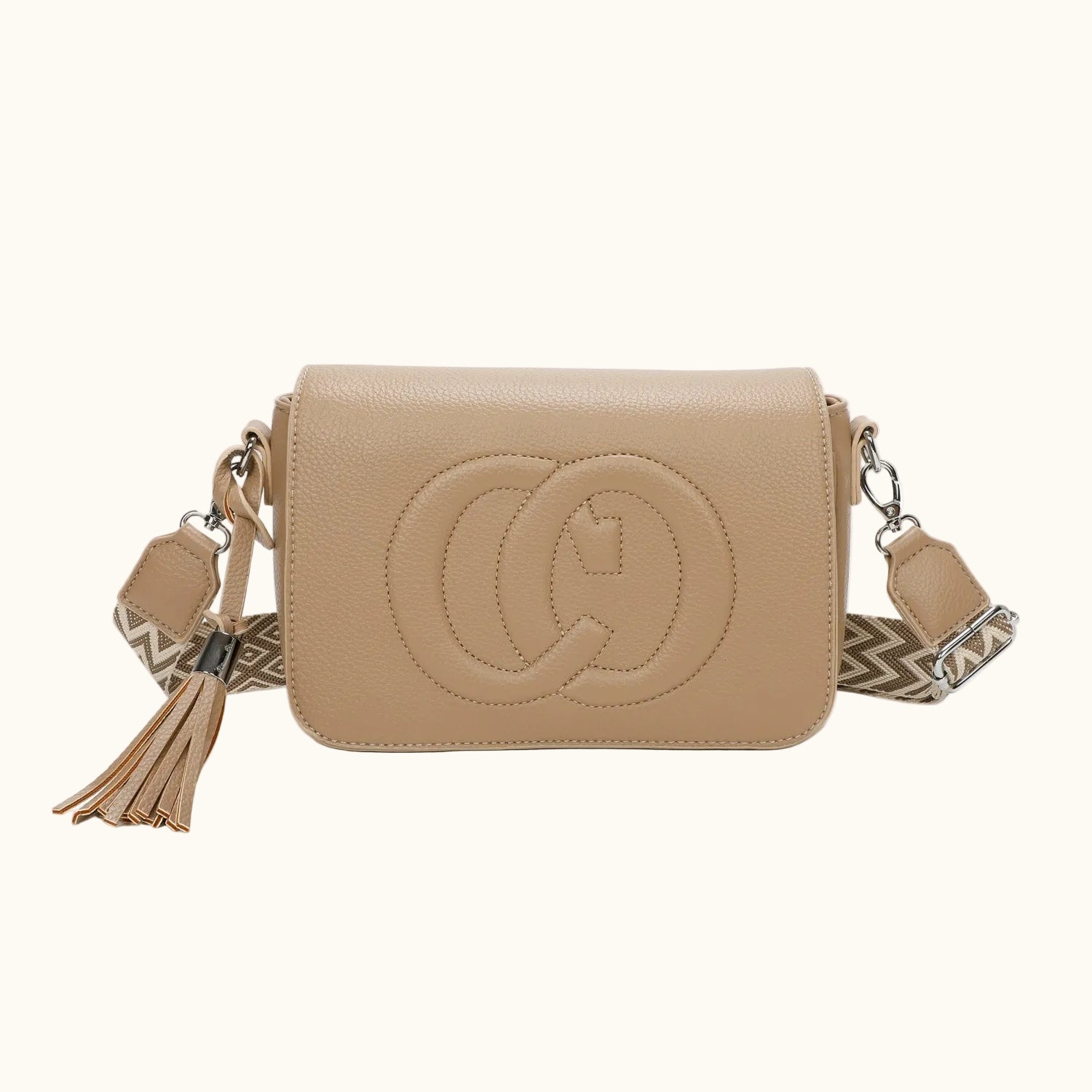Beige handbag with a brand logo on a white background
