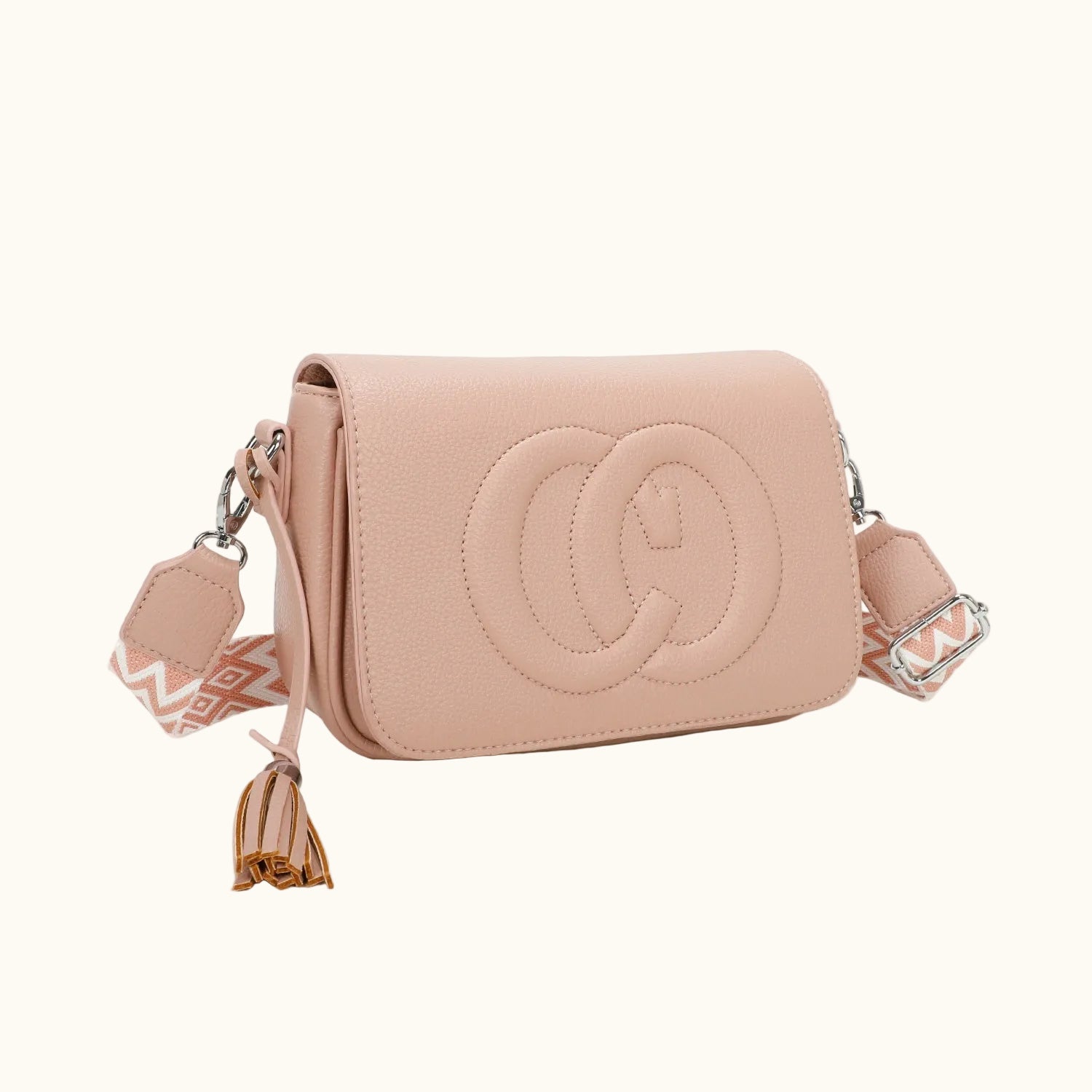 Pink handbag with a brand logo on a white background