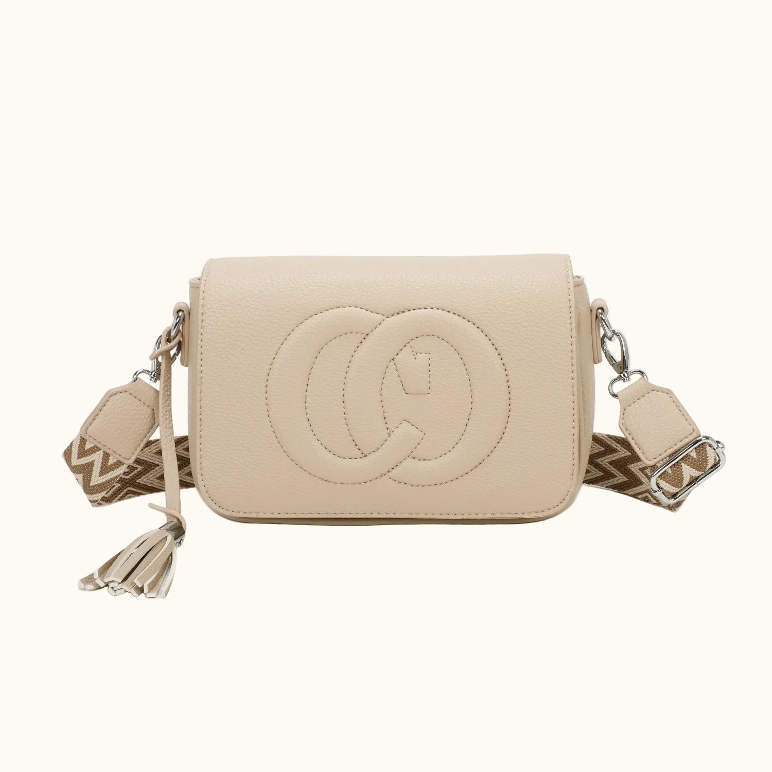 Beige handbag with a brand logo on a white background
