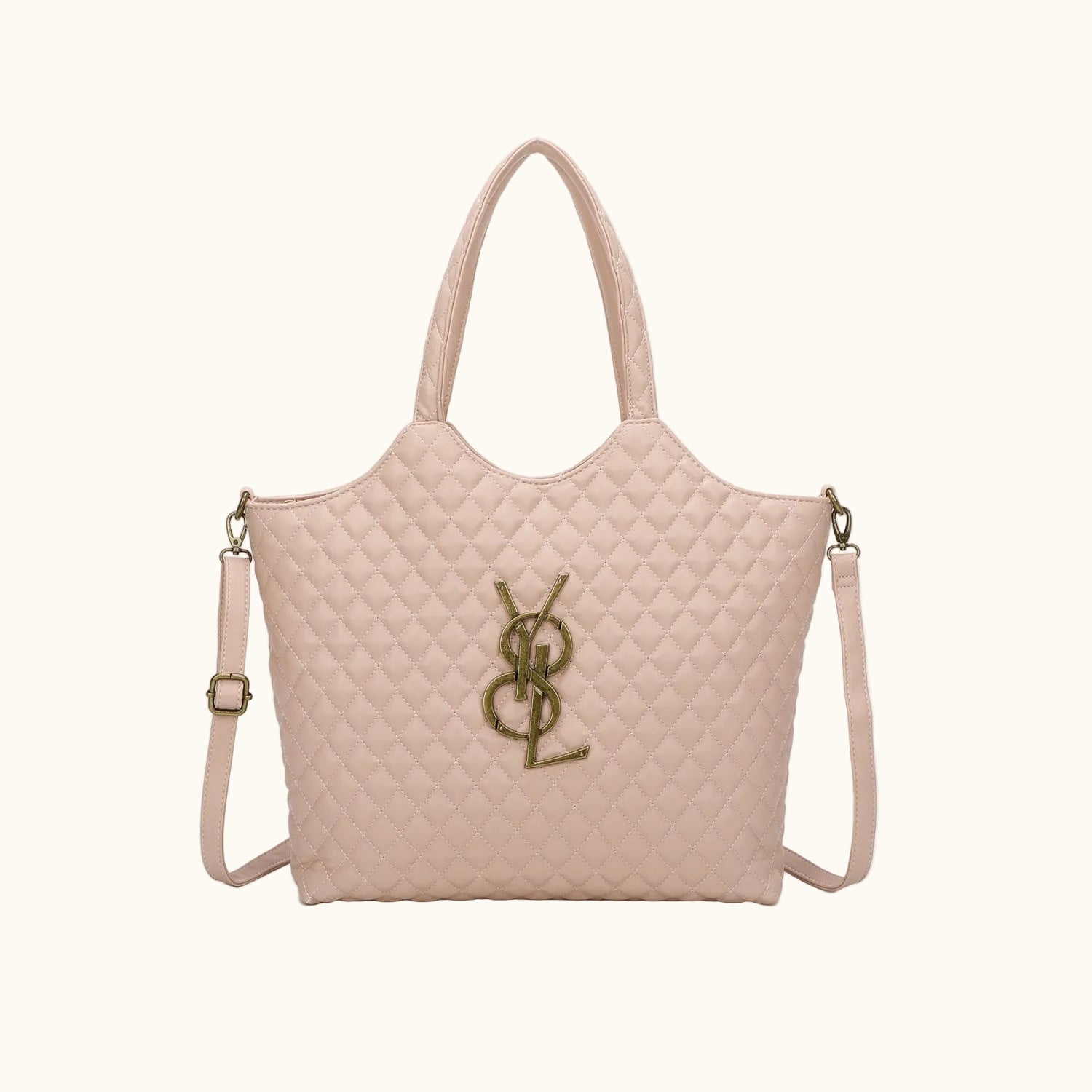 Quilted beige handbag with a brand logo on a white background