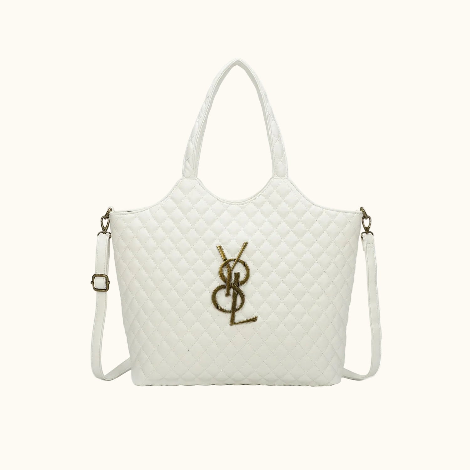 White quilted handbag with gold logo on a white background