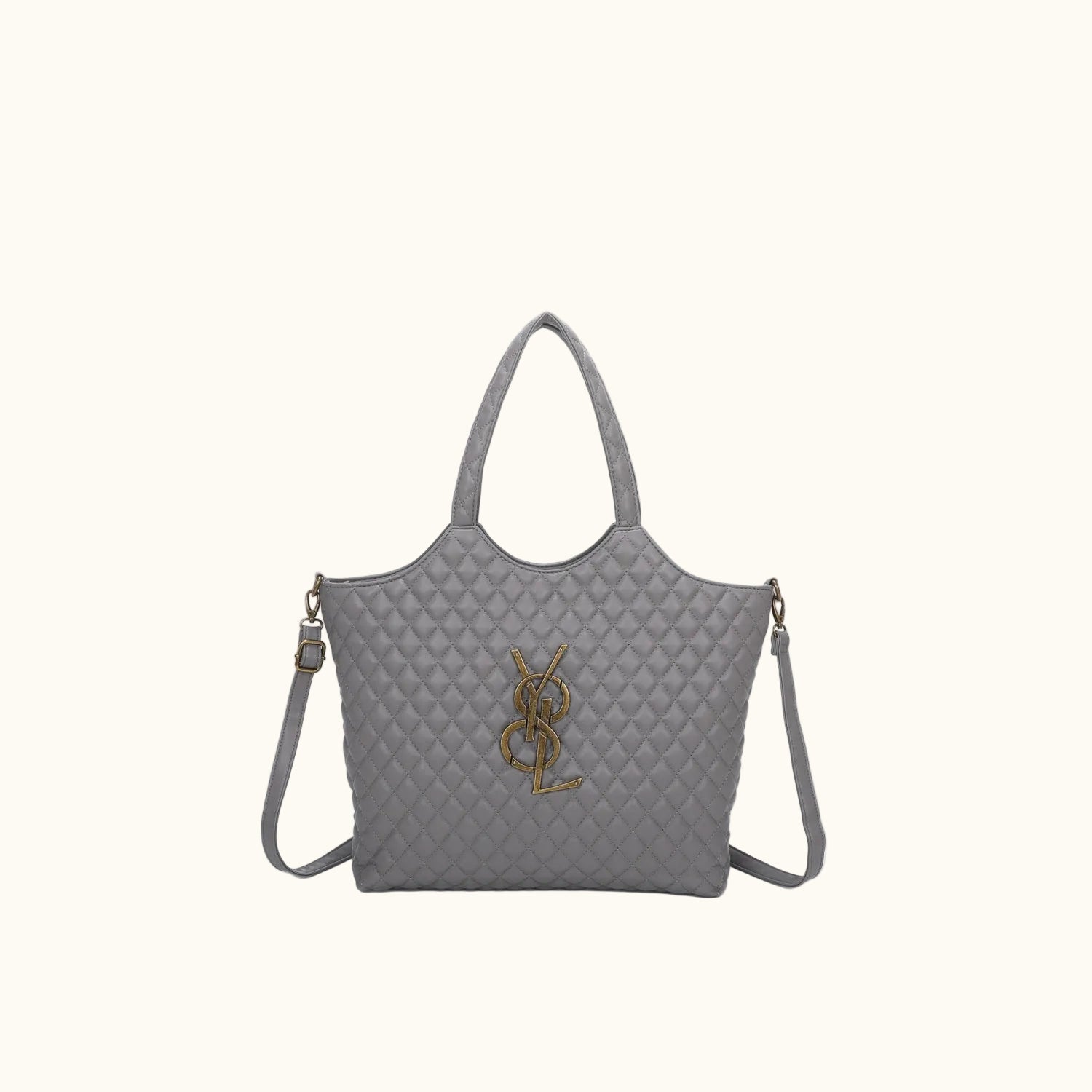 Gray quilted handbag with a brand logo on a white background