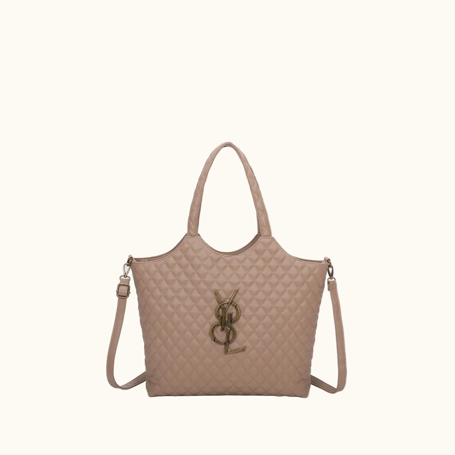Beige quilted handbag with a brand logo on a white background