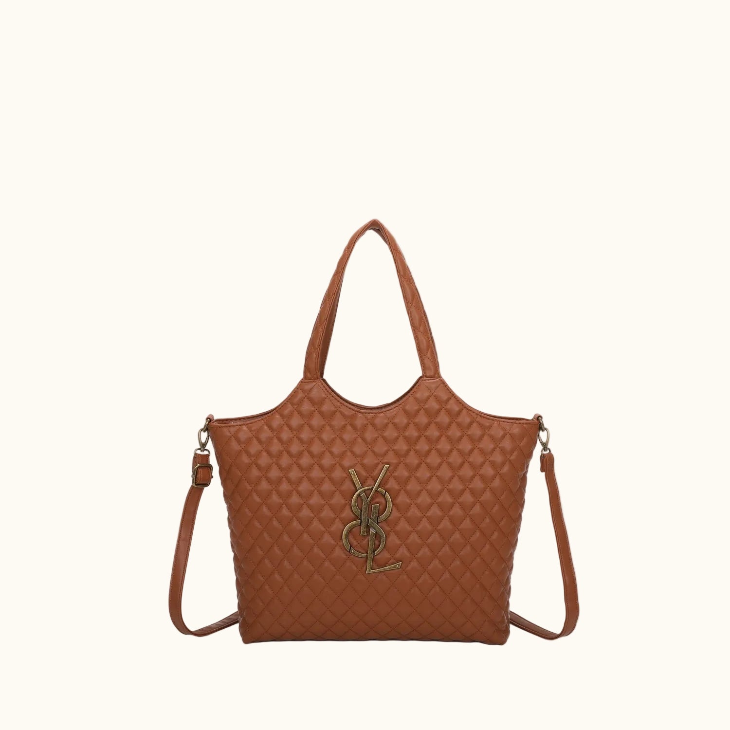 Brown quilted handbag with a logo on a white background