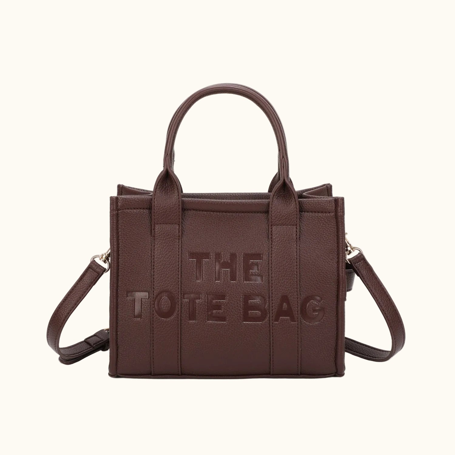 Brown tote bag with 'THE TOTE BAG' text on a white background
