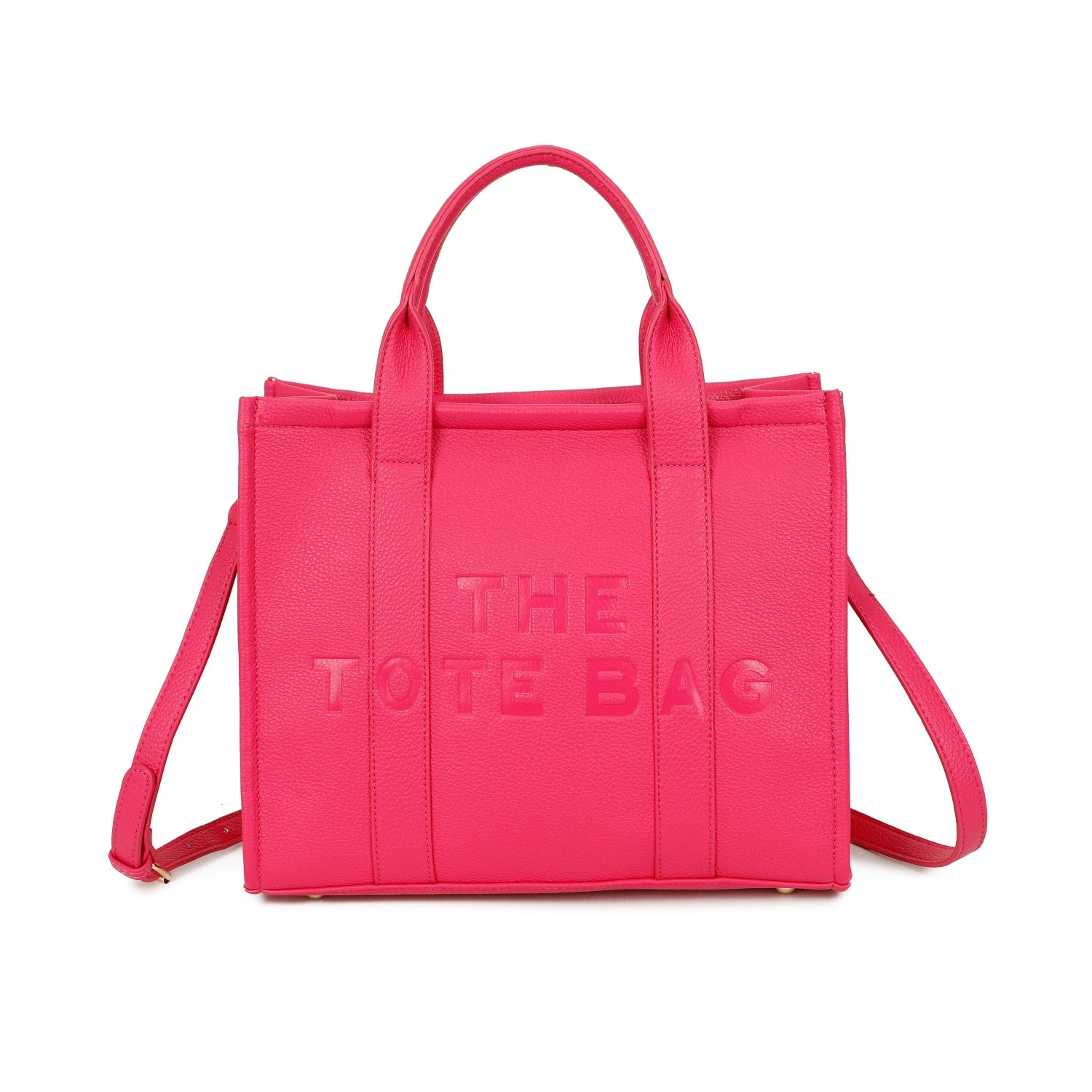 Pink tote bag with 'THE TOTE BAG' text on a white background