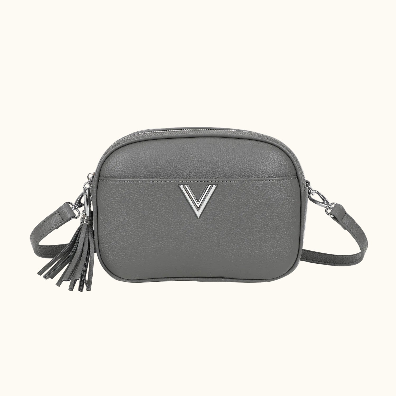 Gray crossbody bag with a brand logo on a white background