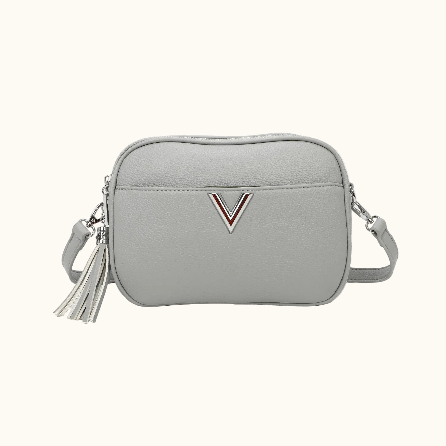 Gray crossbody bag with a brand logo on a white background