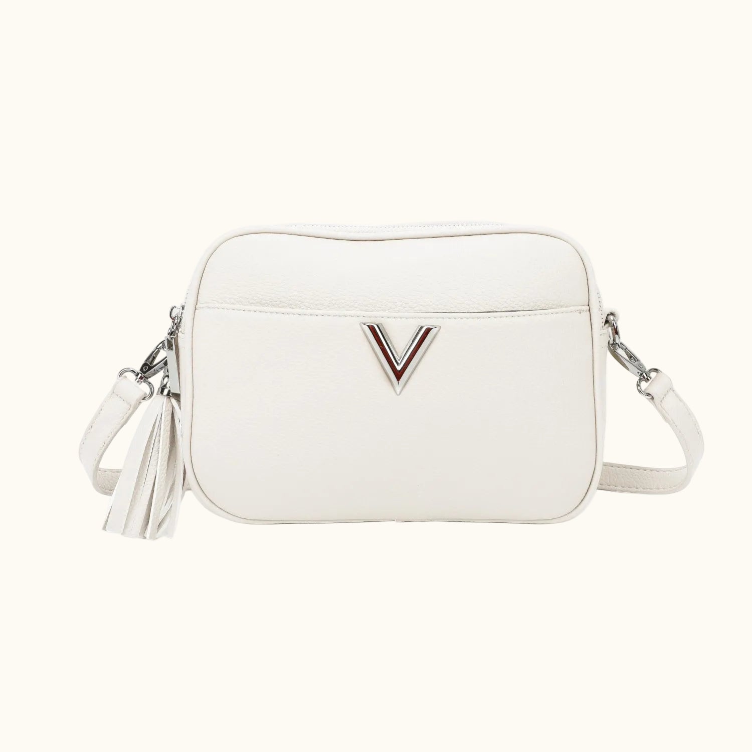 White handbag with a brand logo on a white background