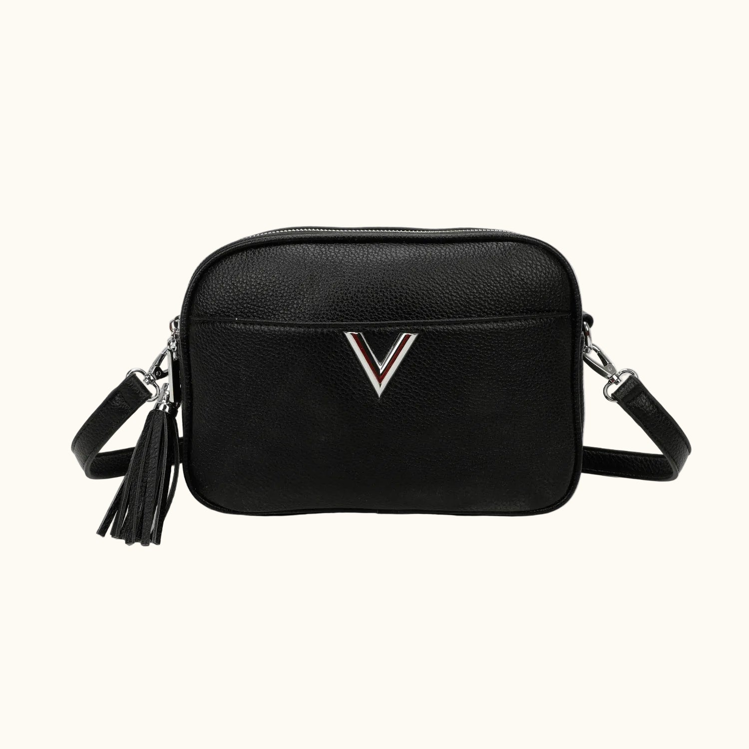 Black crossbody bag with a brand logo on a white background