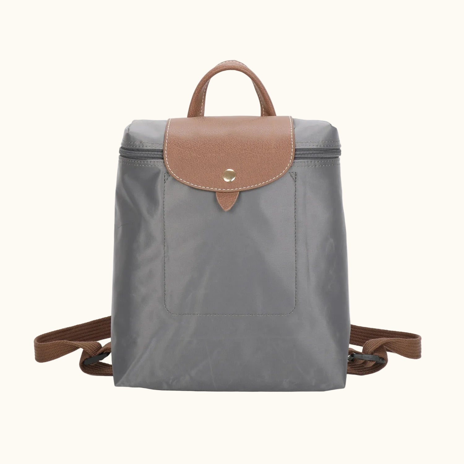 Gray backpack with brown leather accents on a white background