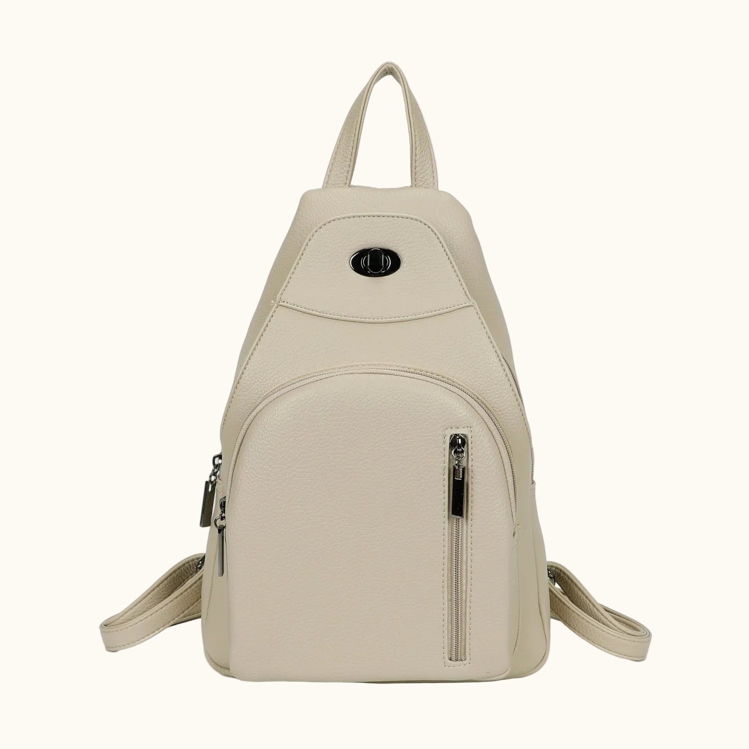 Beige backpack with zippers on a white background