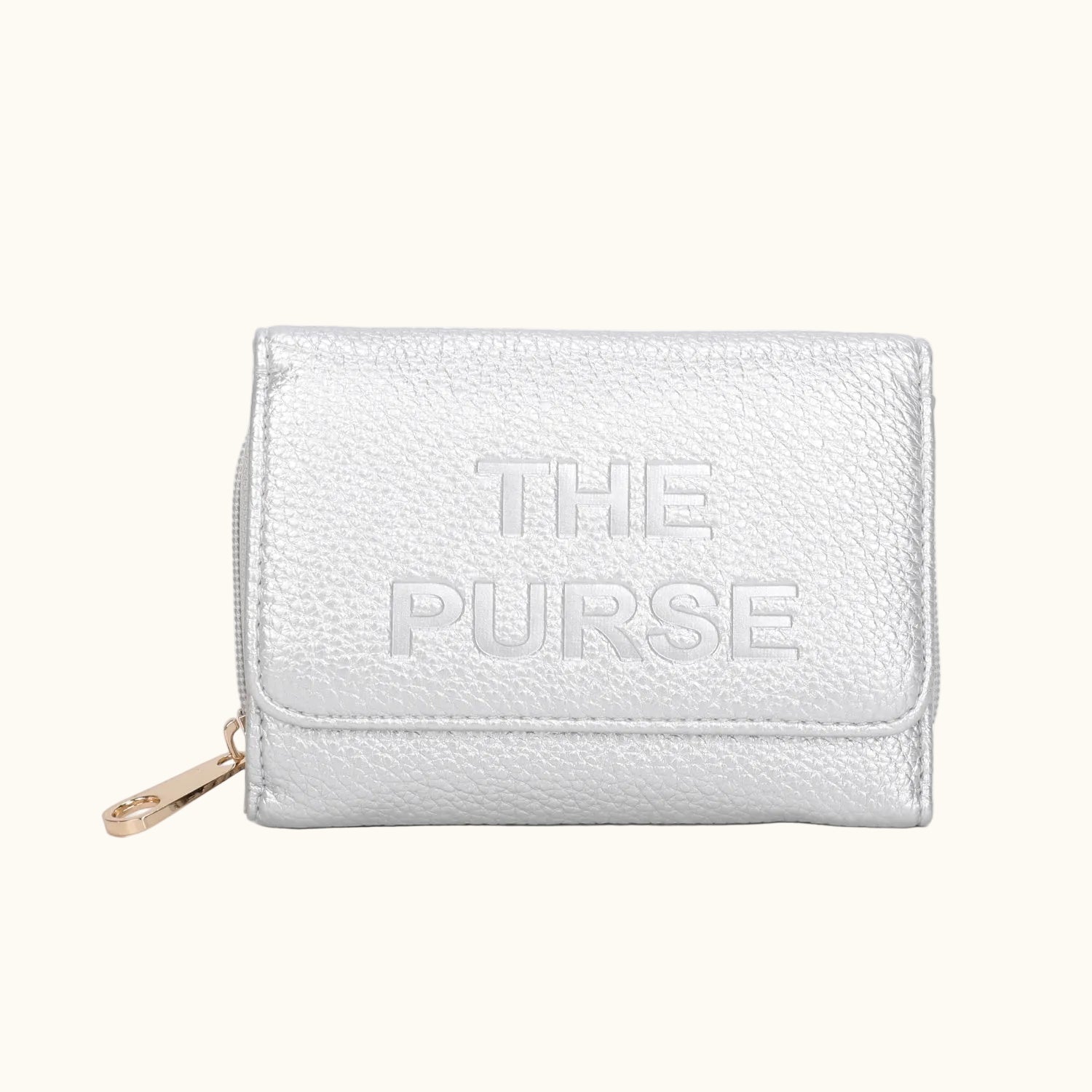 Silver purse with 'THE PURSE' text on a white background