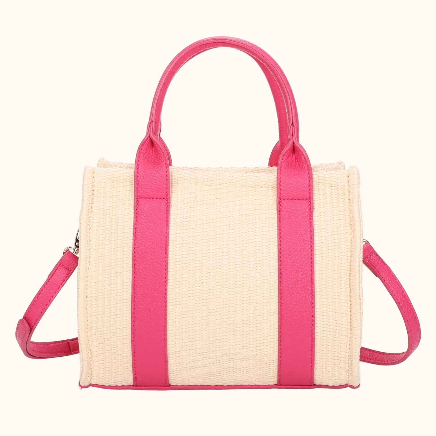 Beige handbag with pink straps on a white background