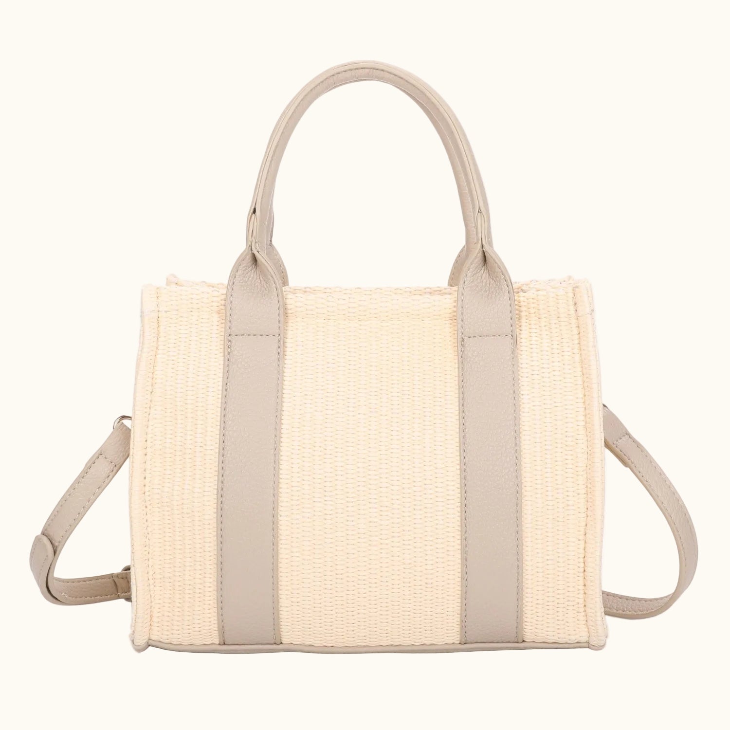 Beige handbag with woven design on a white background