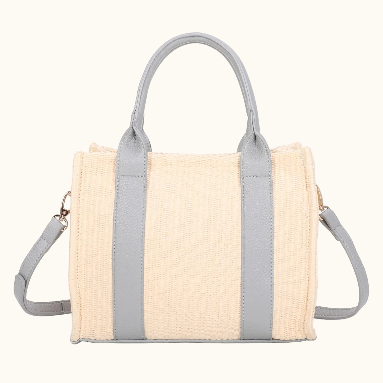 Beige handbag with gray straps on a white background