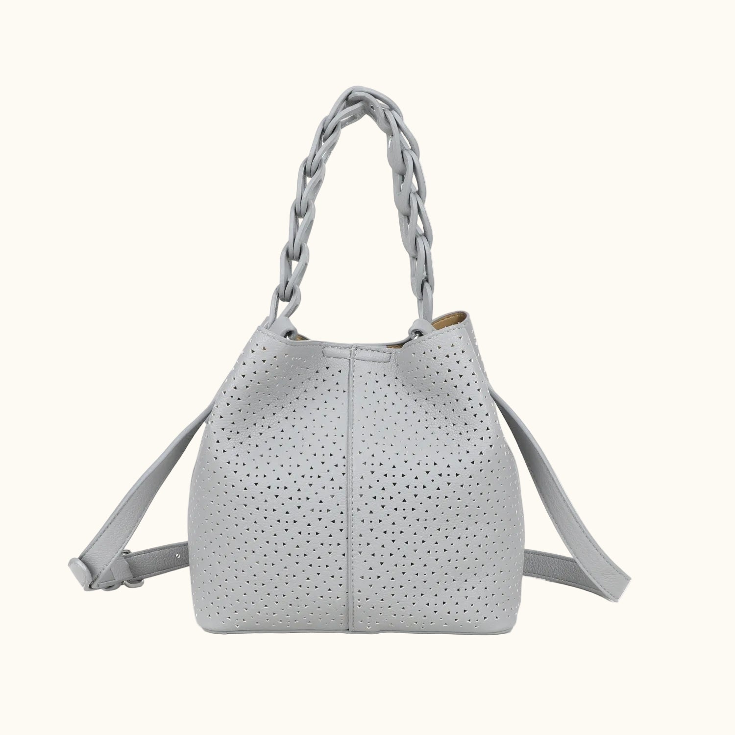 Light gray handbag with braided handle on a white background
