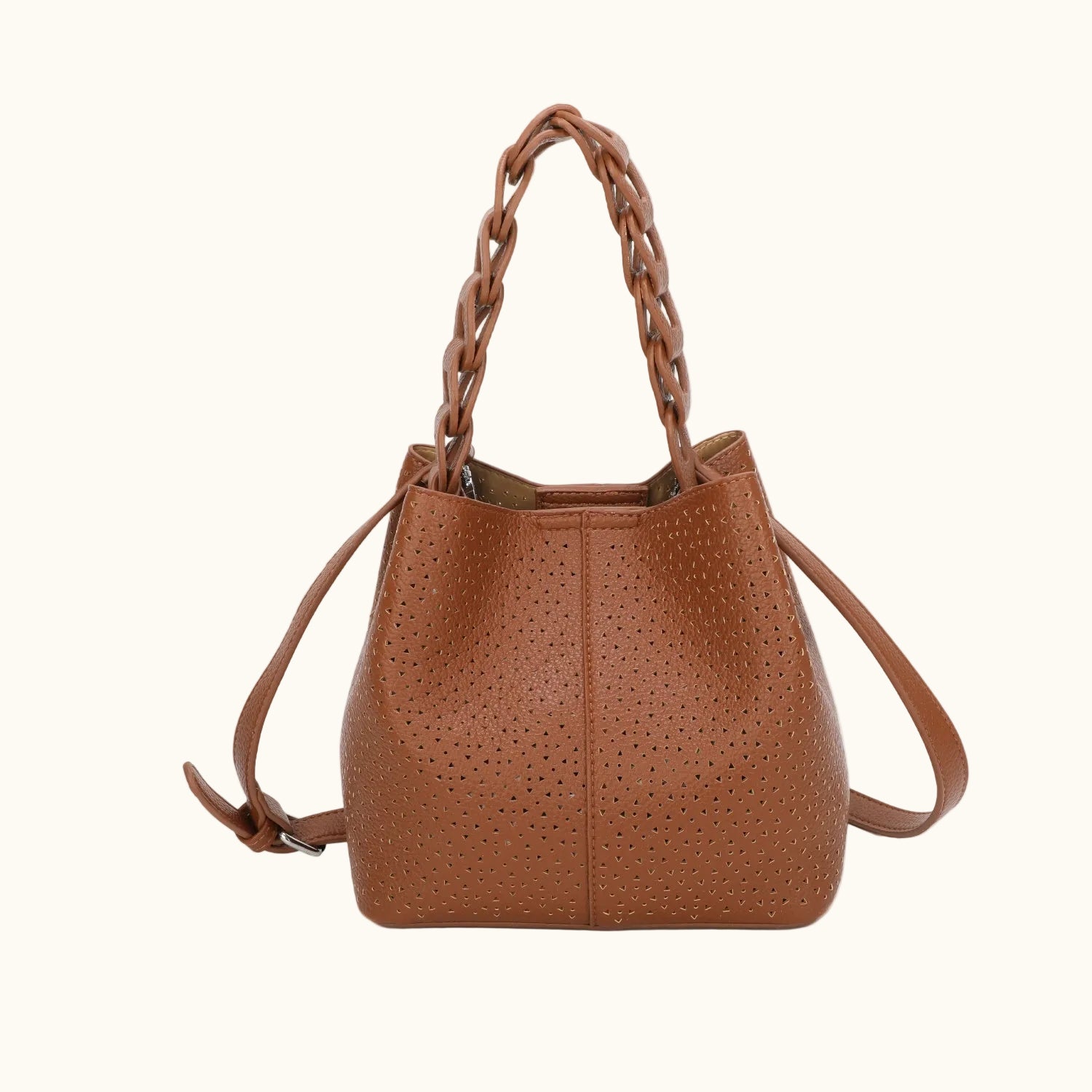 Brown leather handbag with braided handle on a white background