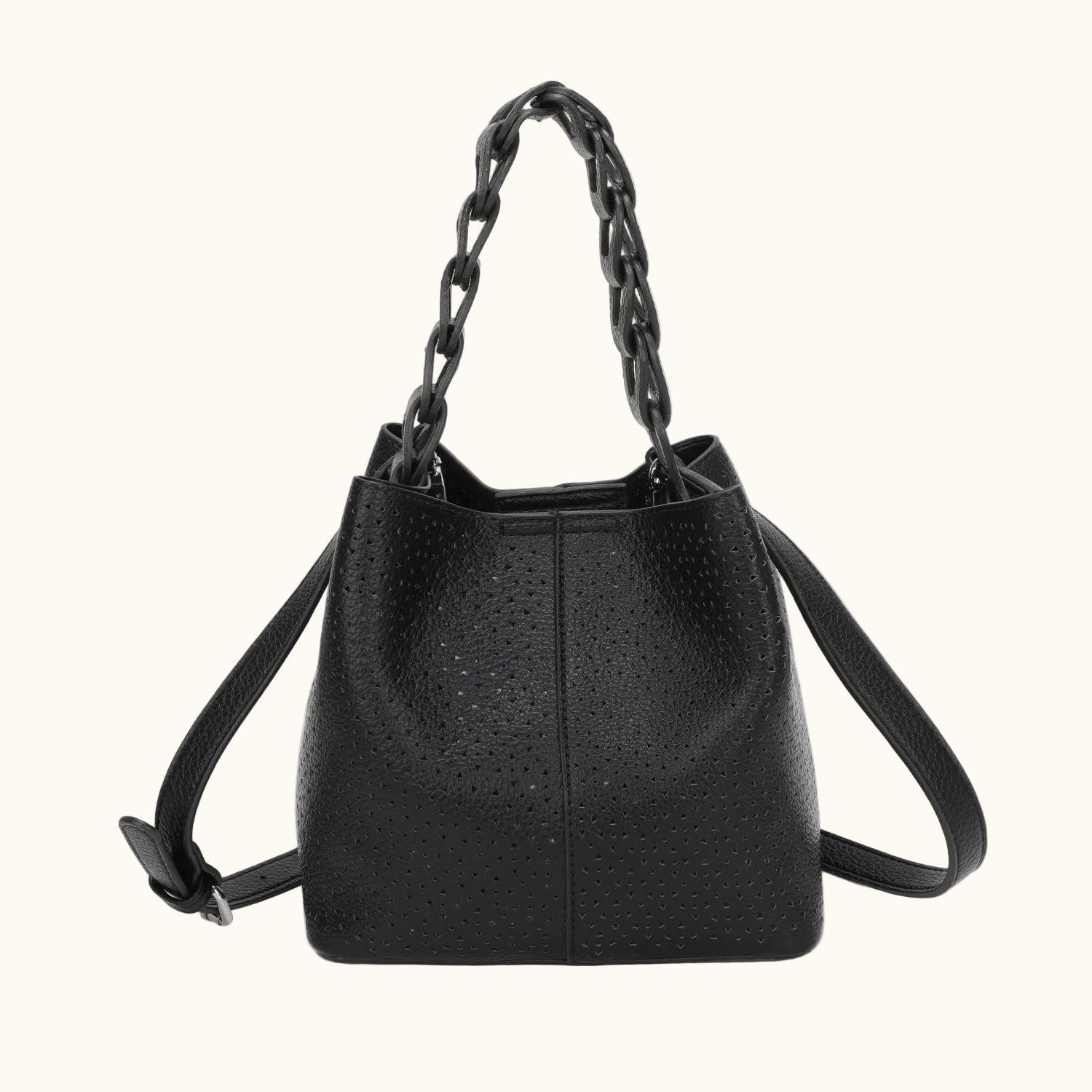 Black leather handbag with chain handle on a white background