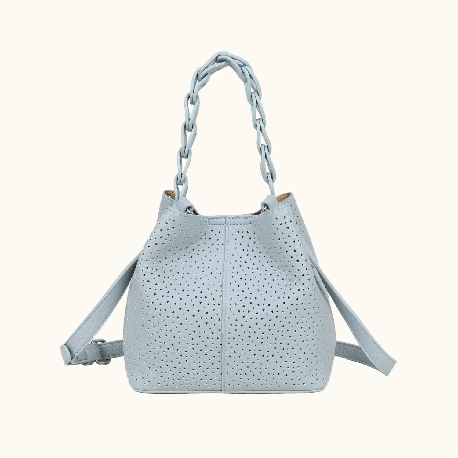 Light blue handbag with chain handle on a white background