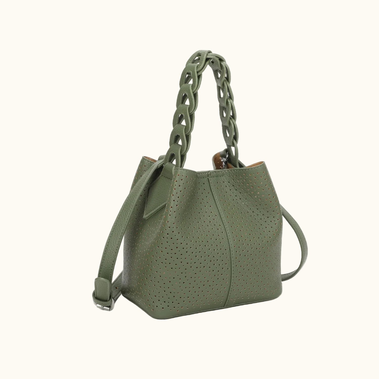 Green handbag with chain handle on a white background