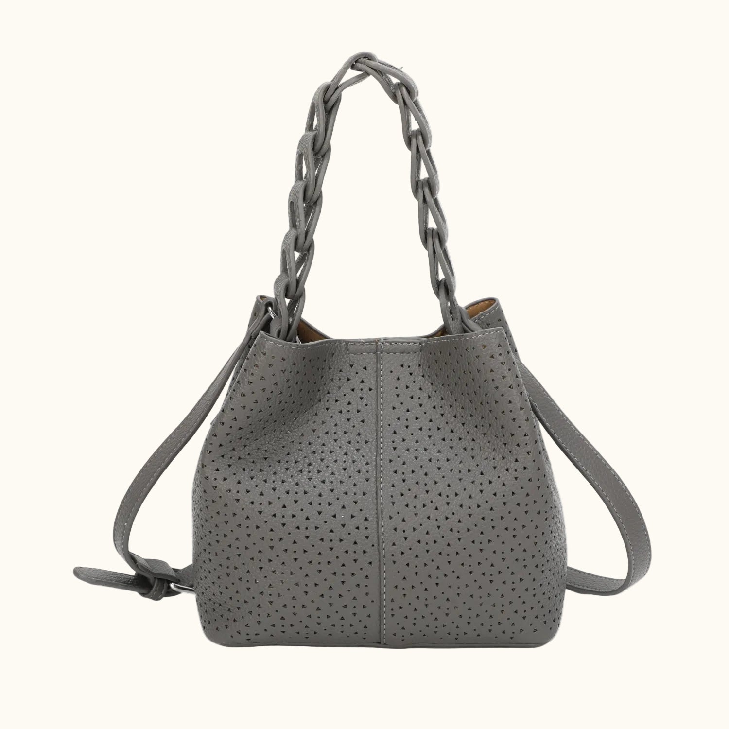 Gray handbag with perforated design and braided handle on a white background