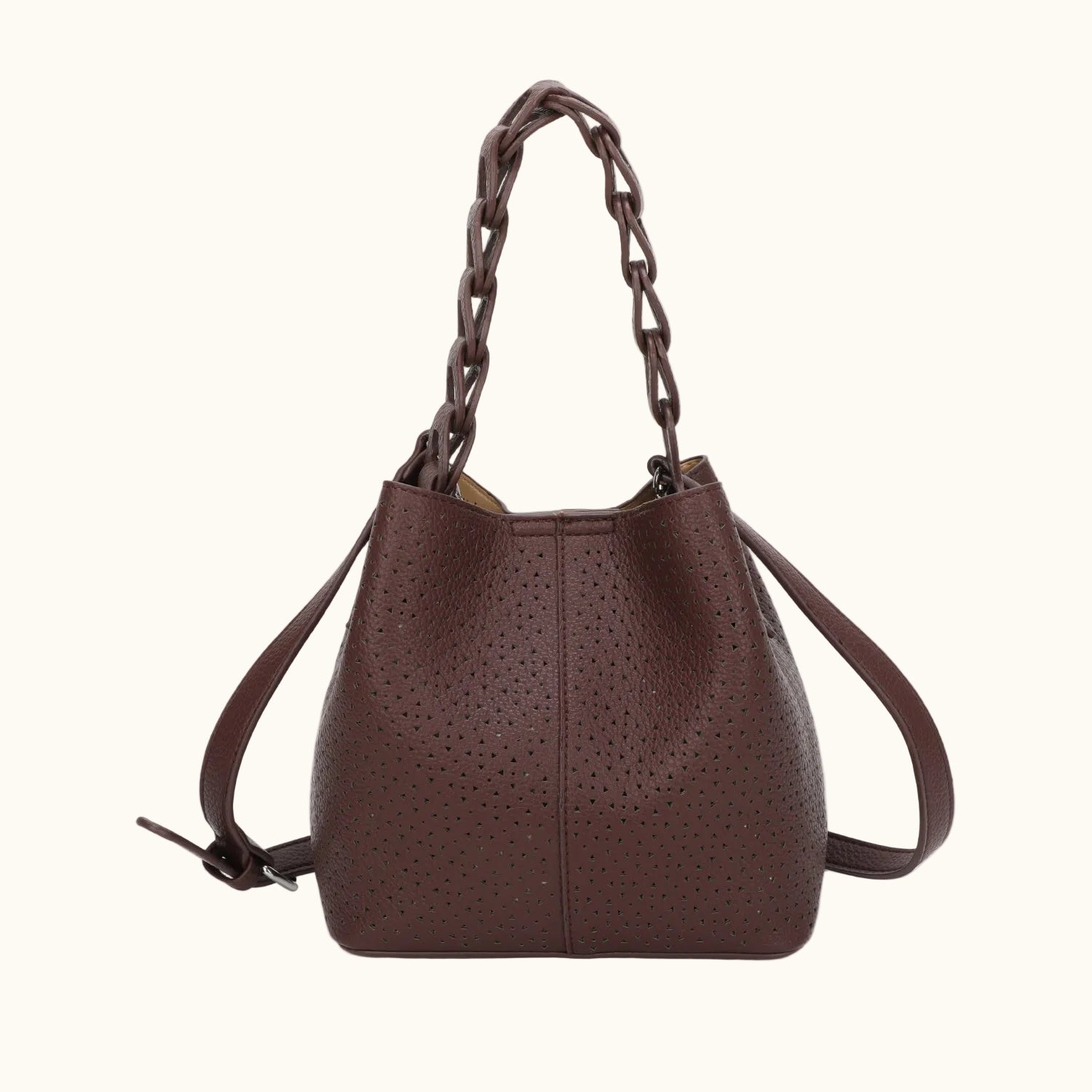 Brown handbag with a braided handle on a white background