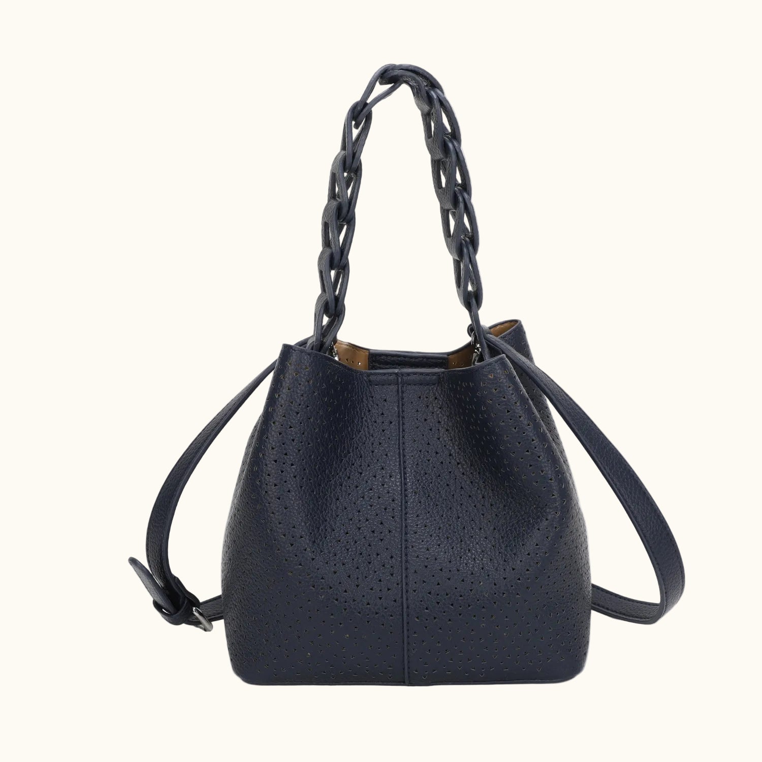 Navy blue handbag with braided handle on a white background