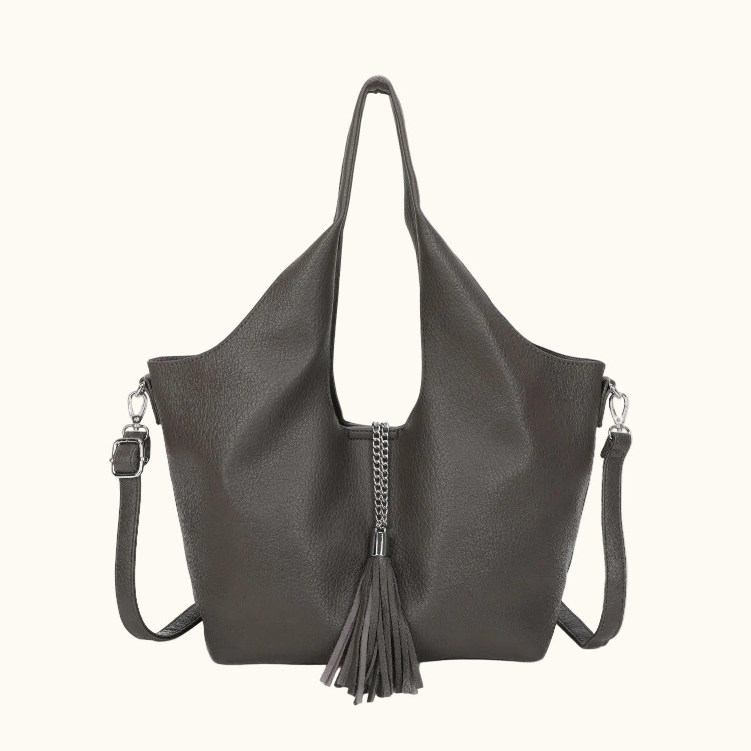 Gray handbag with a tassel on a white background