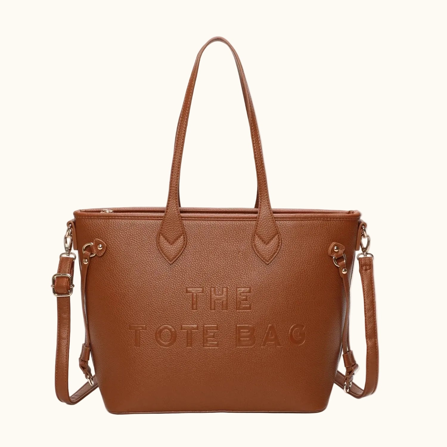 Brown tote bag with 'THE TOTE BAG' text on a white background