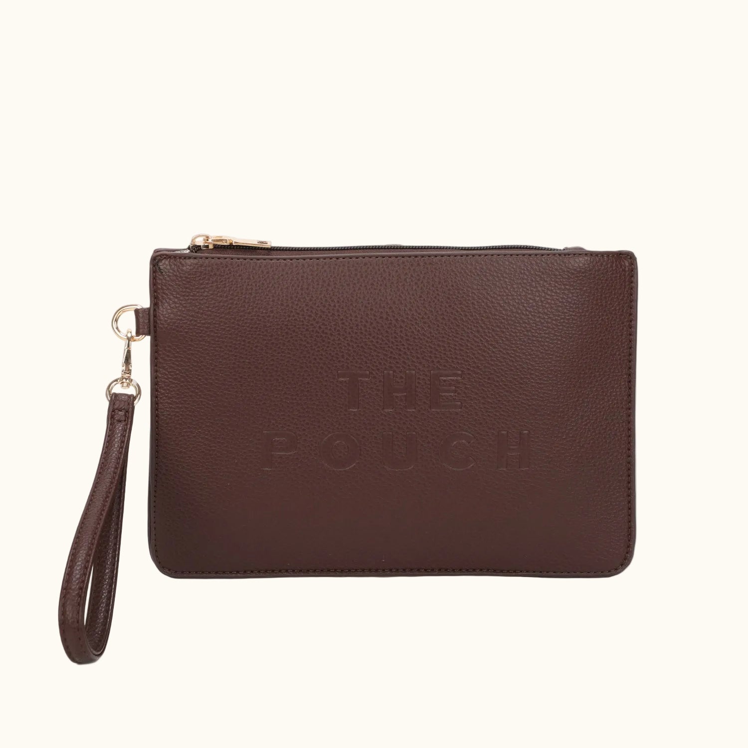 Brown leather pouch with 'THE POUCH' embossed on a white background