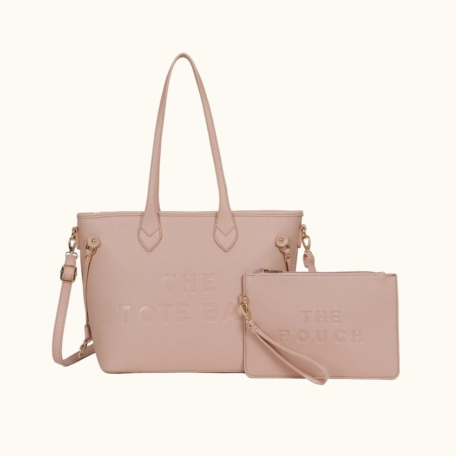 Pink handbag and matching pouch with 'The Pouch' branding on a white background