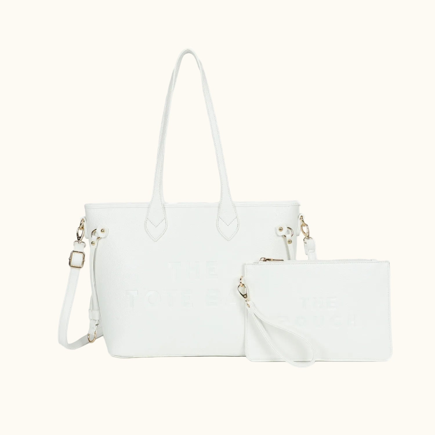 White handbag with matching pouch on a white background
