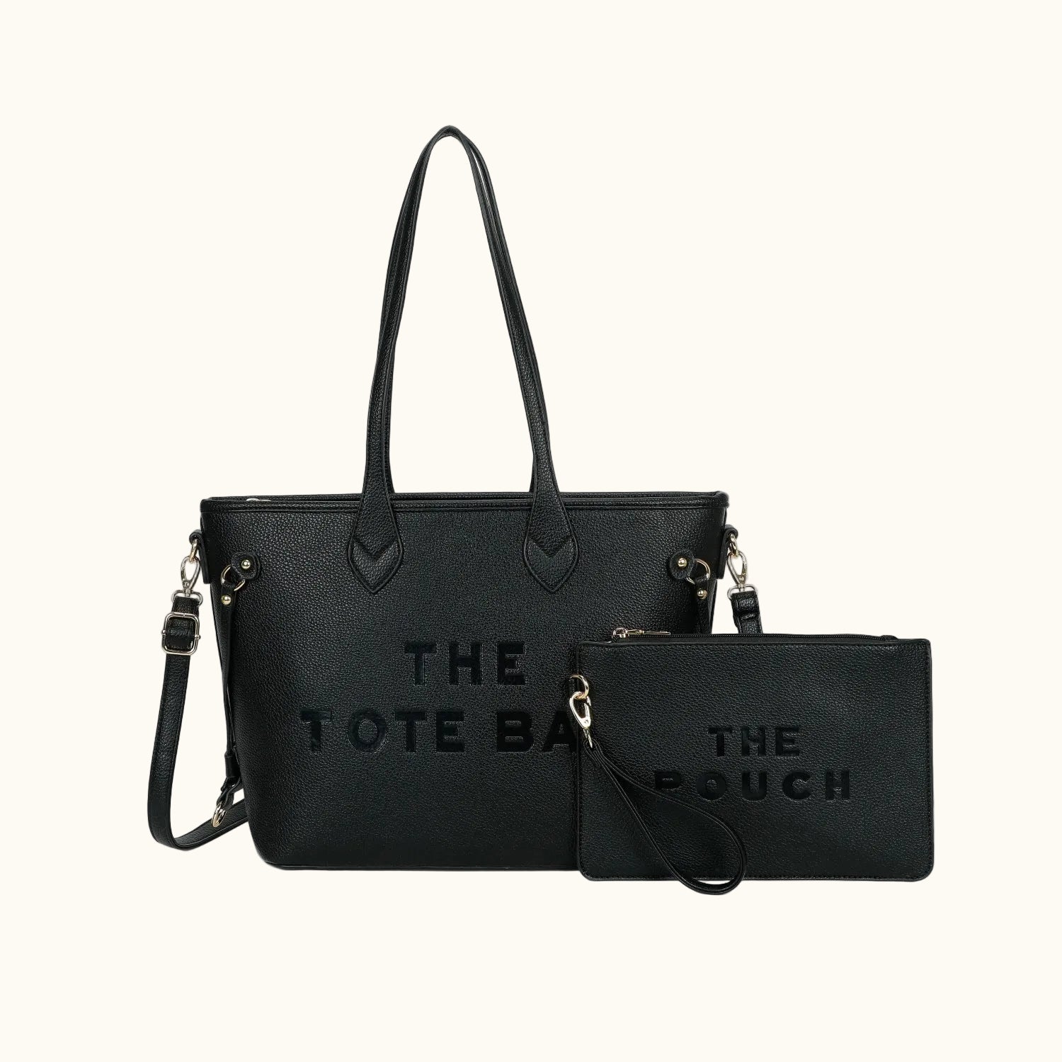 Black tote bag and pouch set with 'THE' branding on a white background