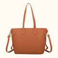 Brown woven handbag with shoulder strap on a white background