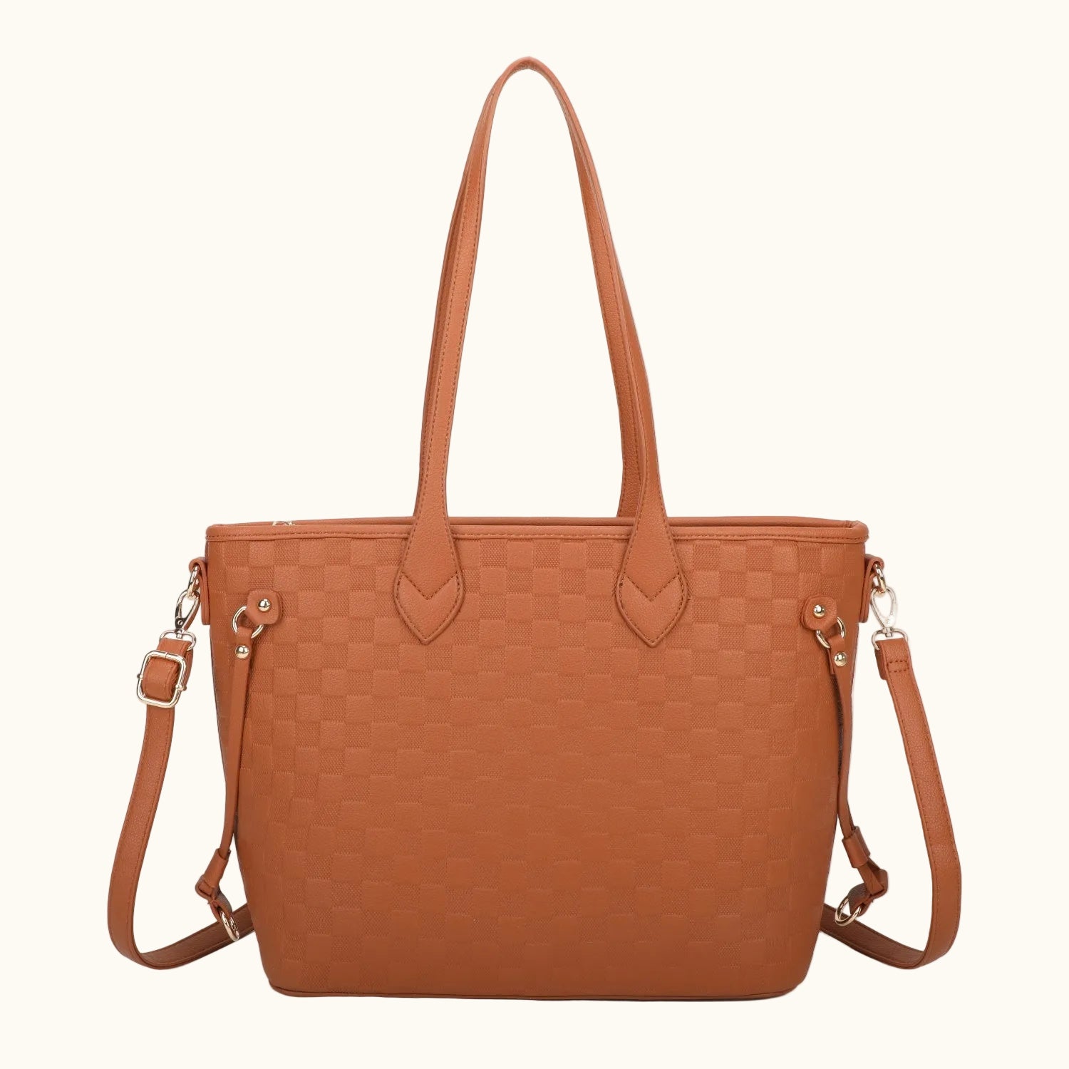 Brown woven handbag with shoulder strap on a white background