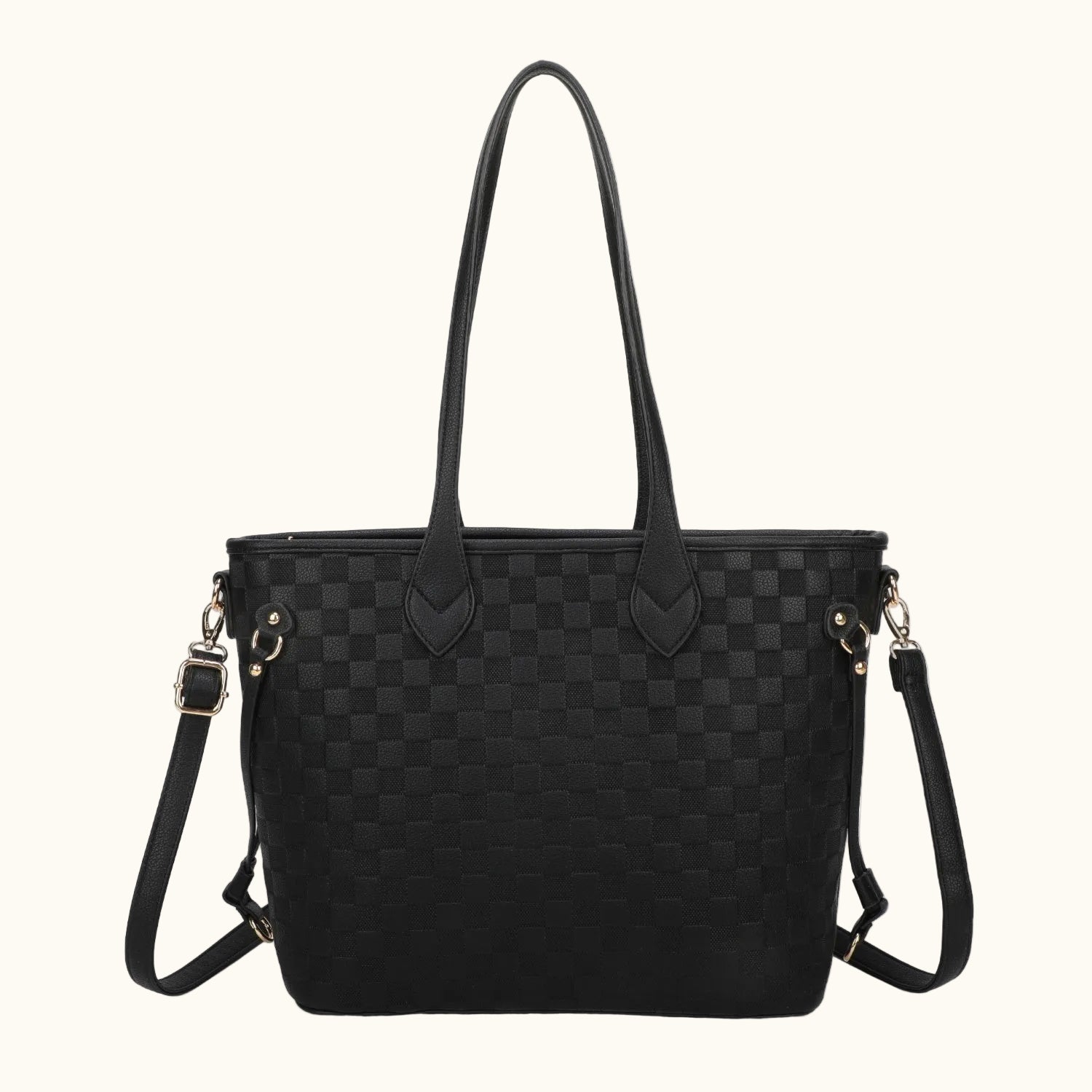 Black checkered handbag with shoulder straps on a white background